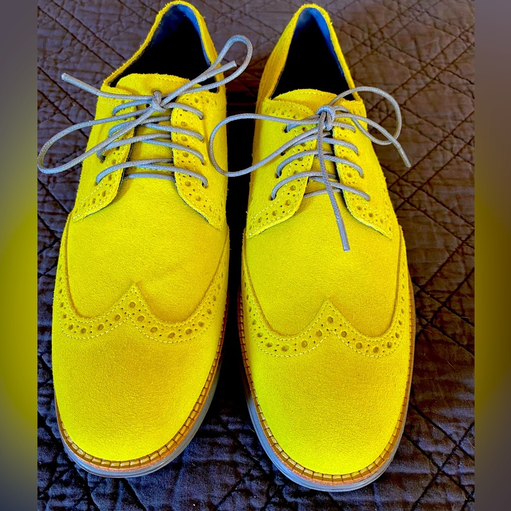Cole Haan Lunagrand lime green suede Oxford shoes.
